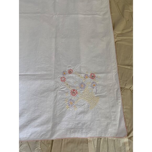 Vintage Embroidered Tablecloth with Floral Basket Design 50" x 53" White - Picture 5 of 8